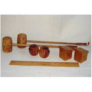 Vtg Wooden Salt & Pepper SHAKER Lot, Primitive w/Bark, Outhouse, Souvenir